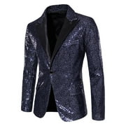 Herrnalise Men's Color Matching Sequin Suit, One Button Dress, Performance Suit, Long Sleeved Lapel Collar Suit Jacket Coat Blazer Navy